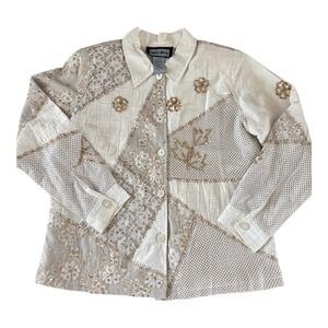 Indigo Moon Embroidered Patchwork Jacket Women's Large White Gold Sequins Lace